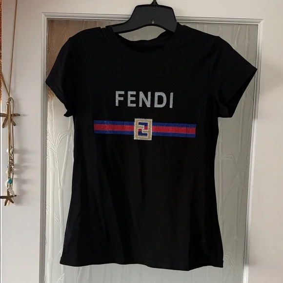 Fendi Crystal Sparkling Black Tee with Red, Blue ,Silver and Gold Accents - Picture 1 of 1